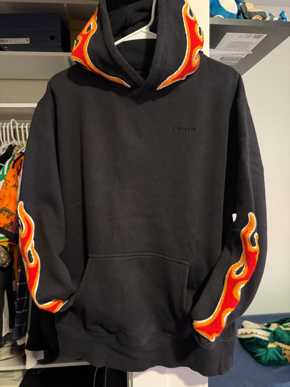 Men's Black Hoodie with Red & Orange Flame Trim